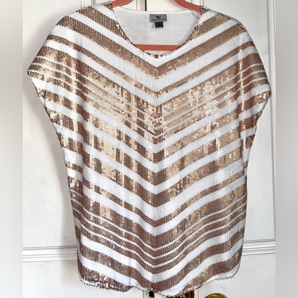 Worthington Gold & White Chevron Sequin Blouse Top